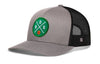 Gray and black basketball trucker hat with green B.S. patch and side H