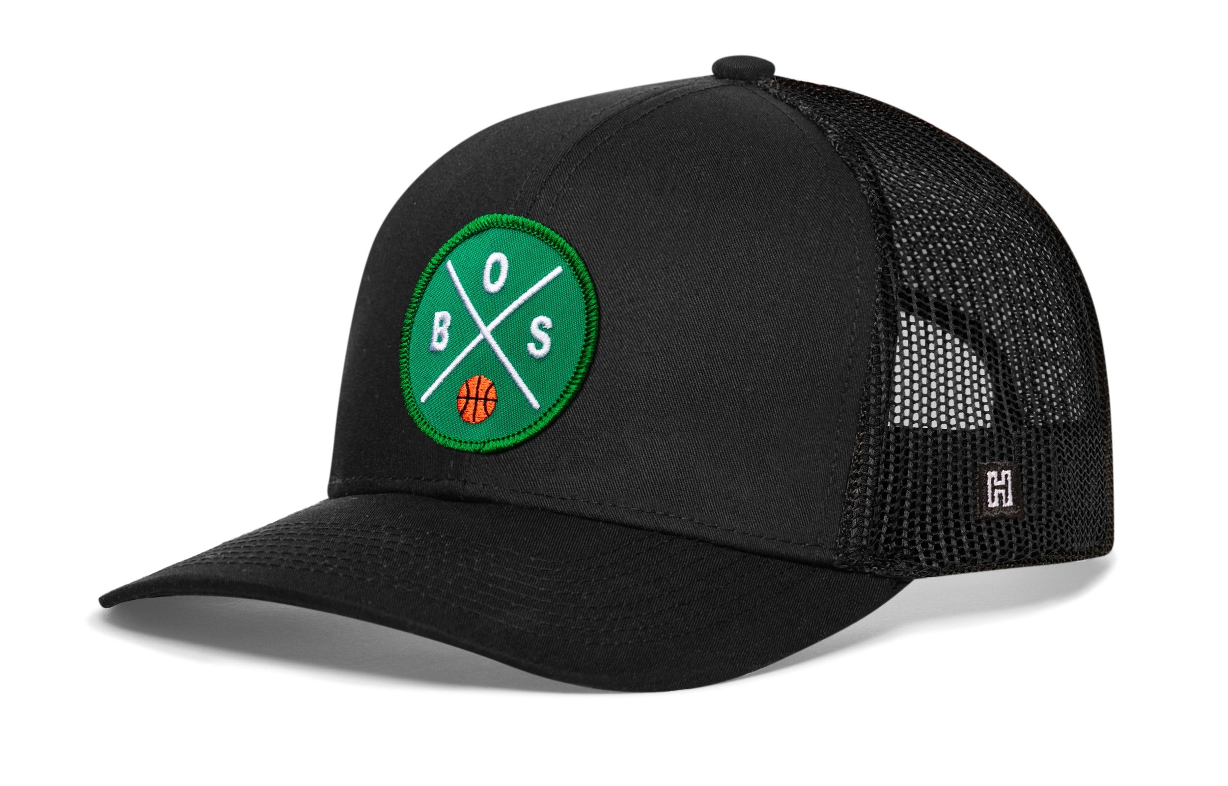 Black basketball trucker hat with green B.S. patch and side H snapback