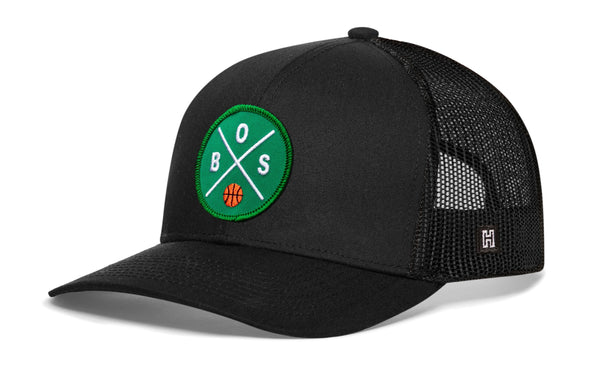 Black basketball trucker hat with green B.S. patch and side H snapback
