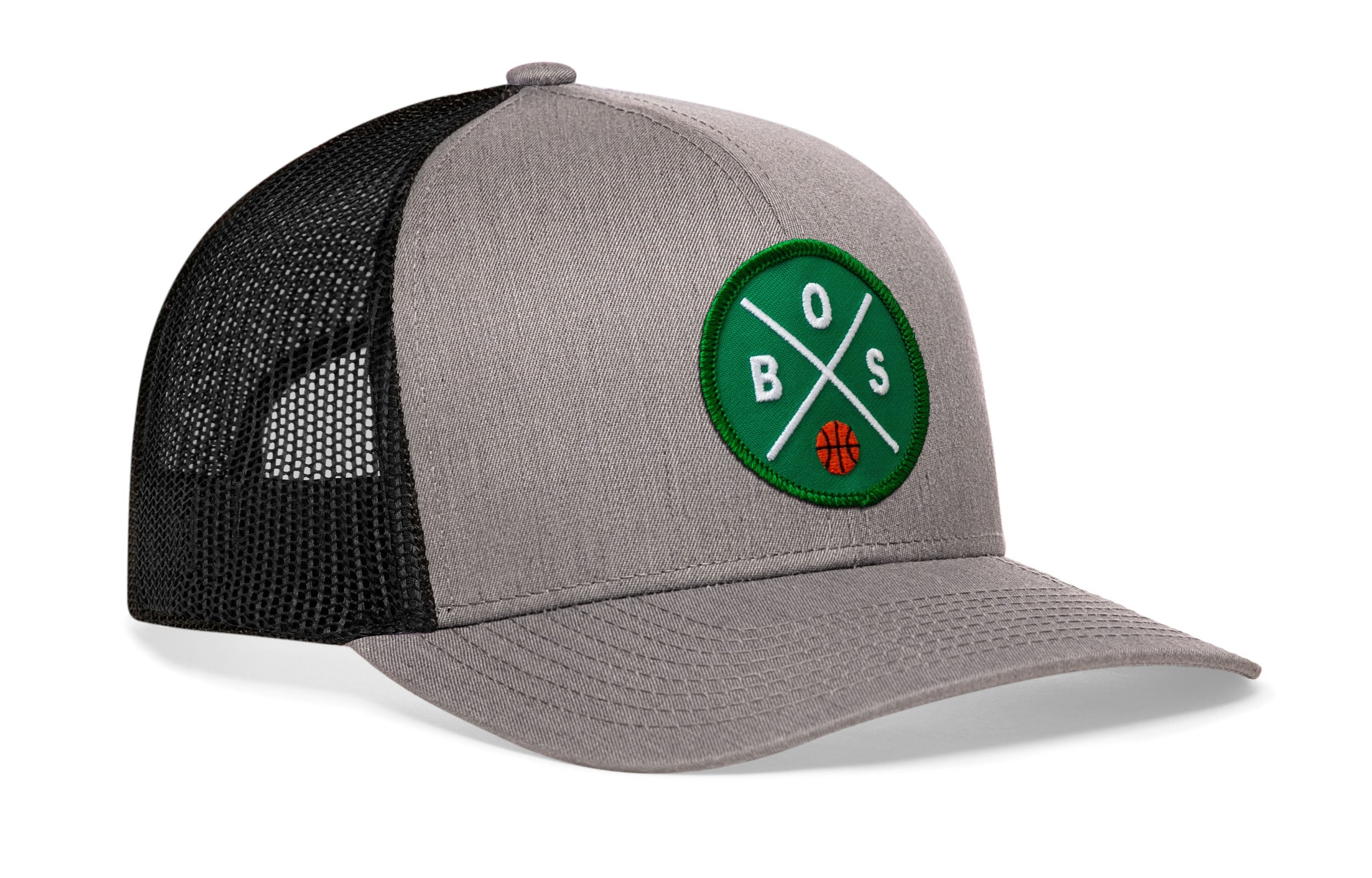 Gray basketball trucker hat with green B.S. patch and black mesh back