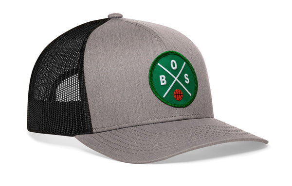 Gray basketball trucker hat with green B.S. patch and black mesh back