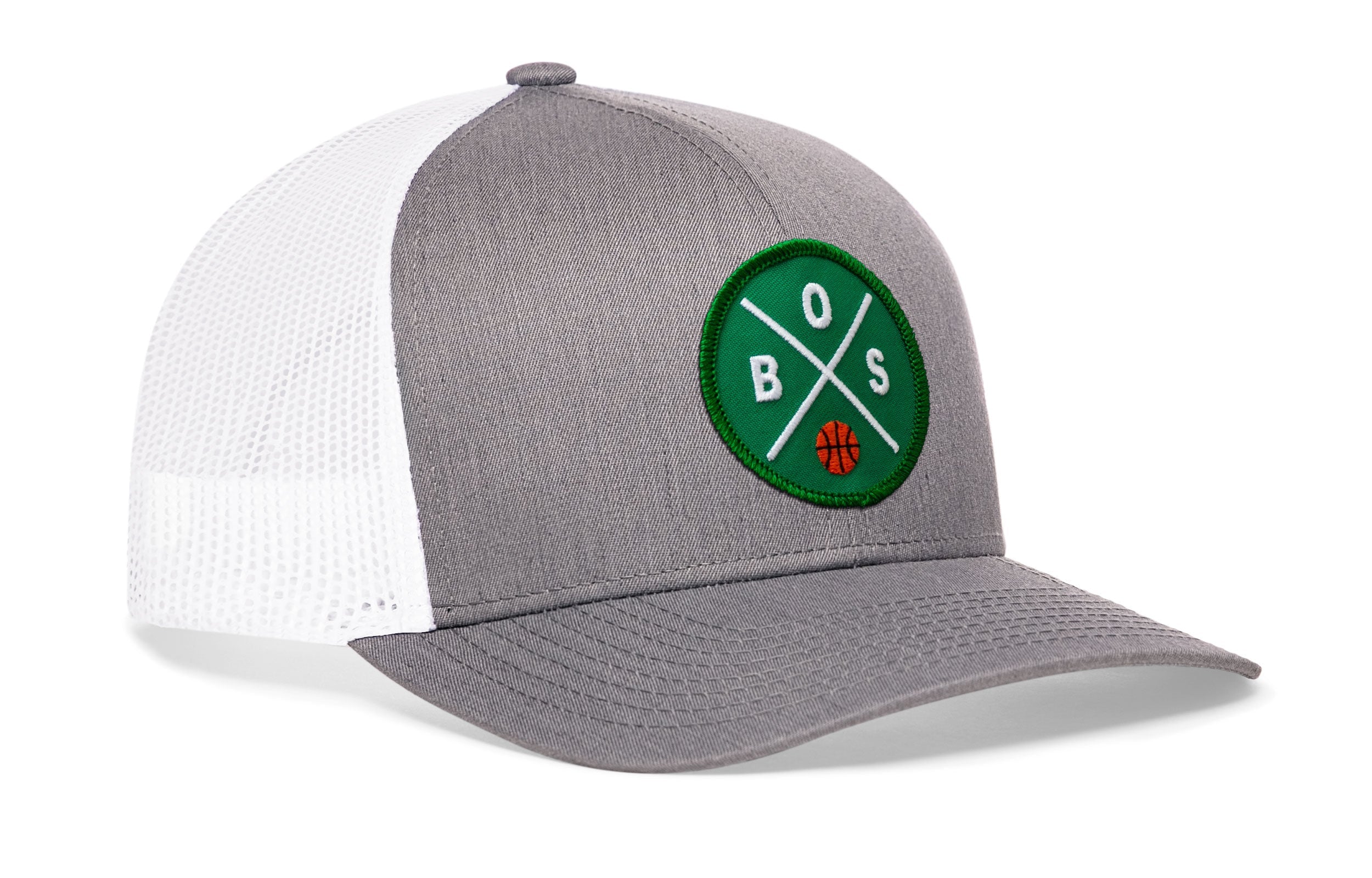 Gray basketball trucker hat with green B.S. logo patch and white mesh back