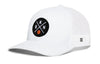 White trucker cap with circular front logo patch and white mesh side panels, curved brim