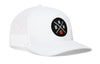 White trucker cap with circular front logo patch, white mesh side panels, curved brim