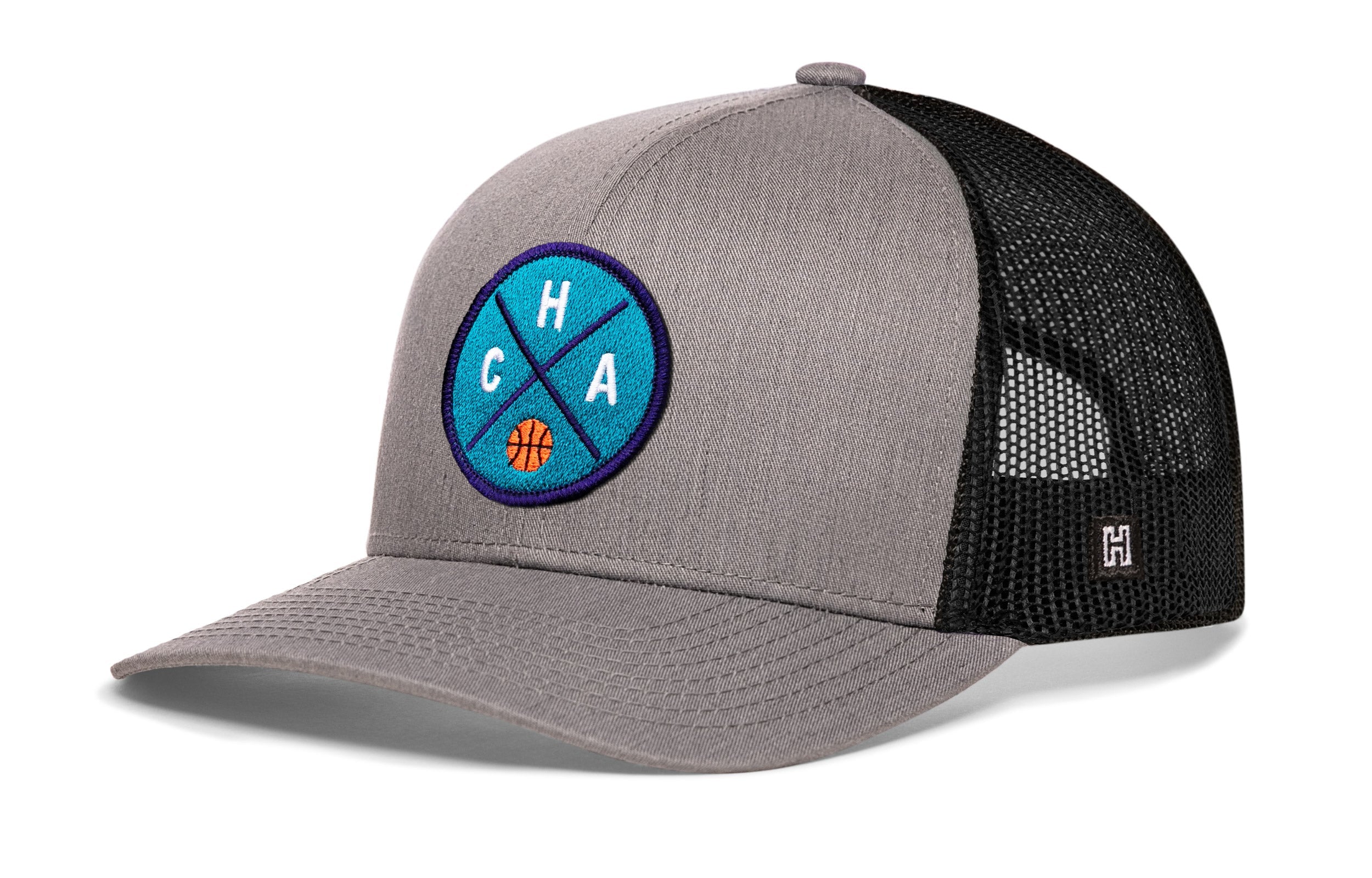 Gray basketball trucker hat with mesh back and blue circular logo patch