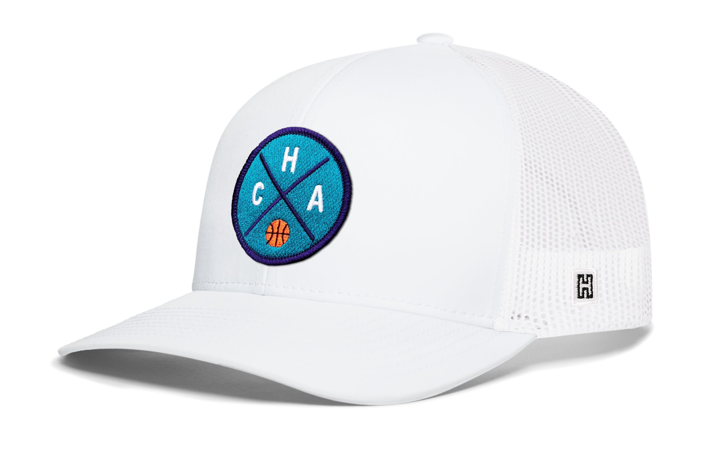 White basketball trucker hat with mesh back and blue circular logo patch