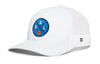 White baseball trucker hat with mesh sides and round front logo patch