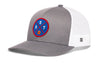 Gray trucker baseball cap with circular basketball logo patch and white mesh side panels