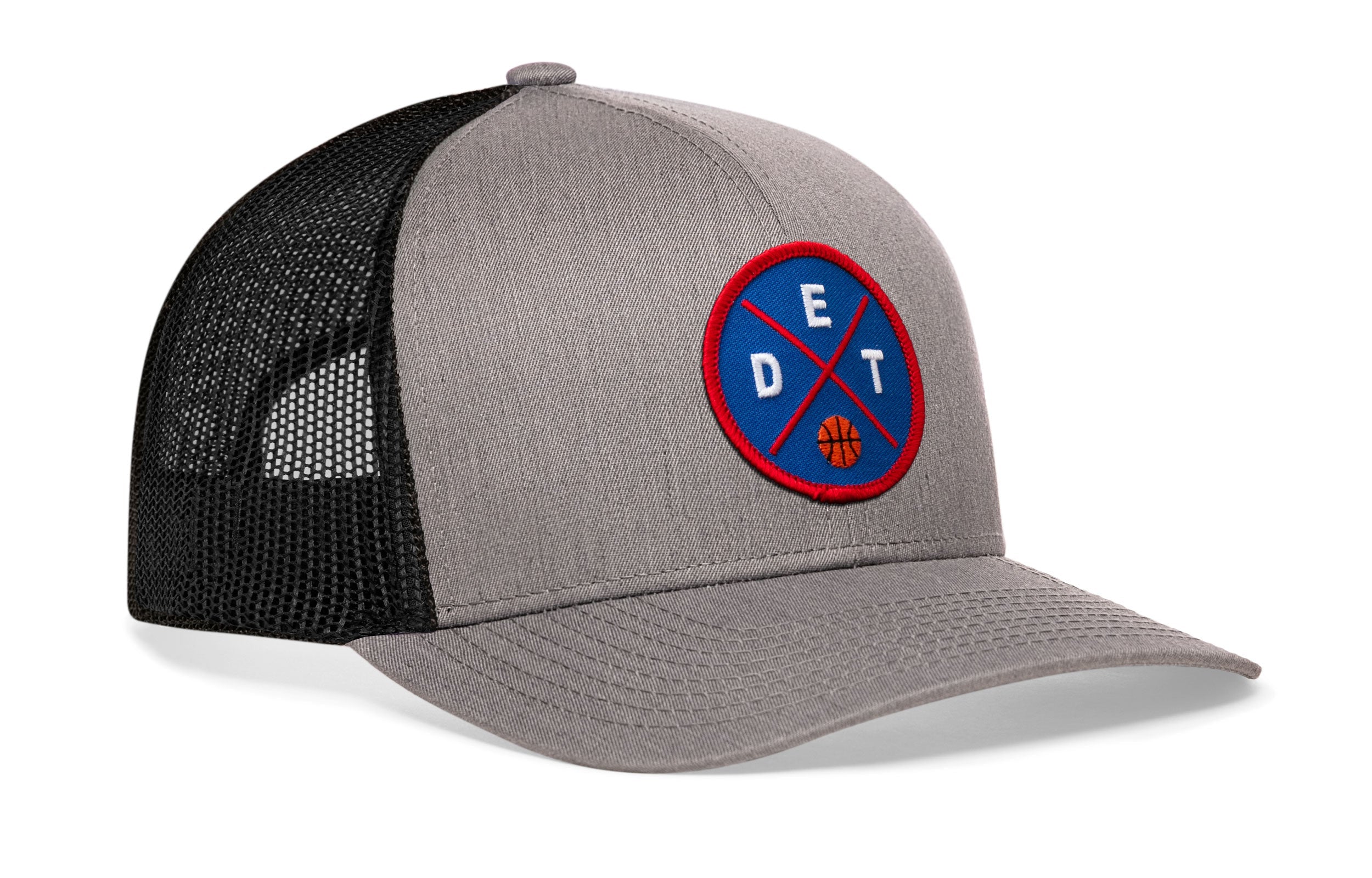 Gray front trucker baseball cap with circular basketball logo patch and black mesh side