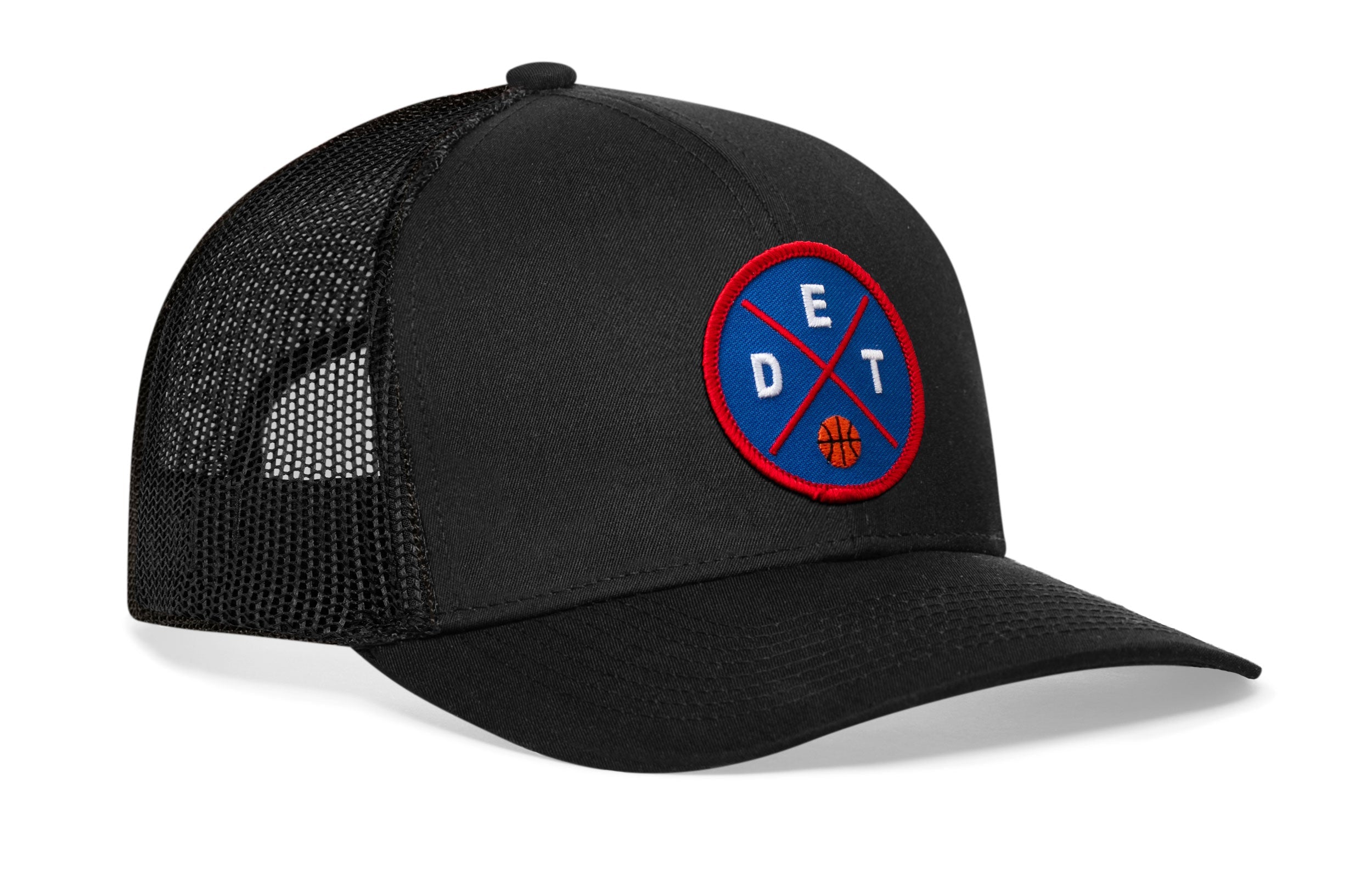 Black trucker baseball cap with circular DETX basketball logo patch and mesh side panels