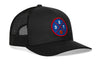 Black trucker baseball cap with circular DETX basketball logo patch and mesh side panels