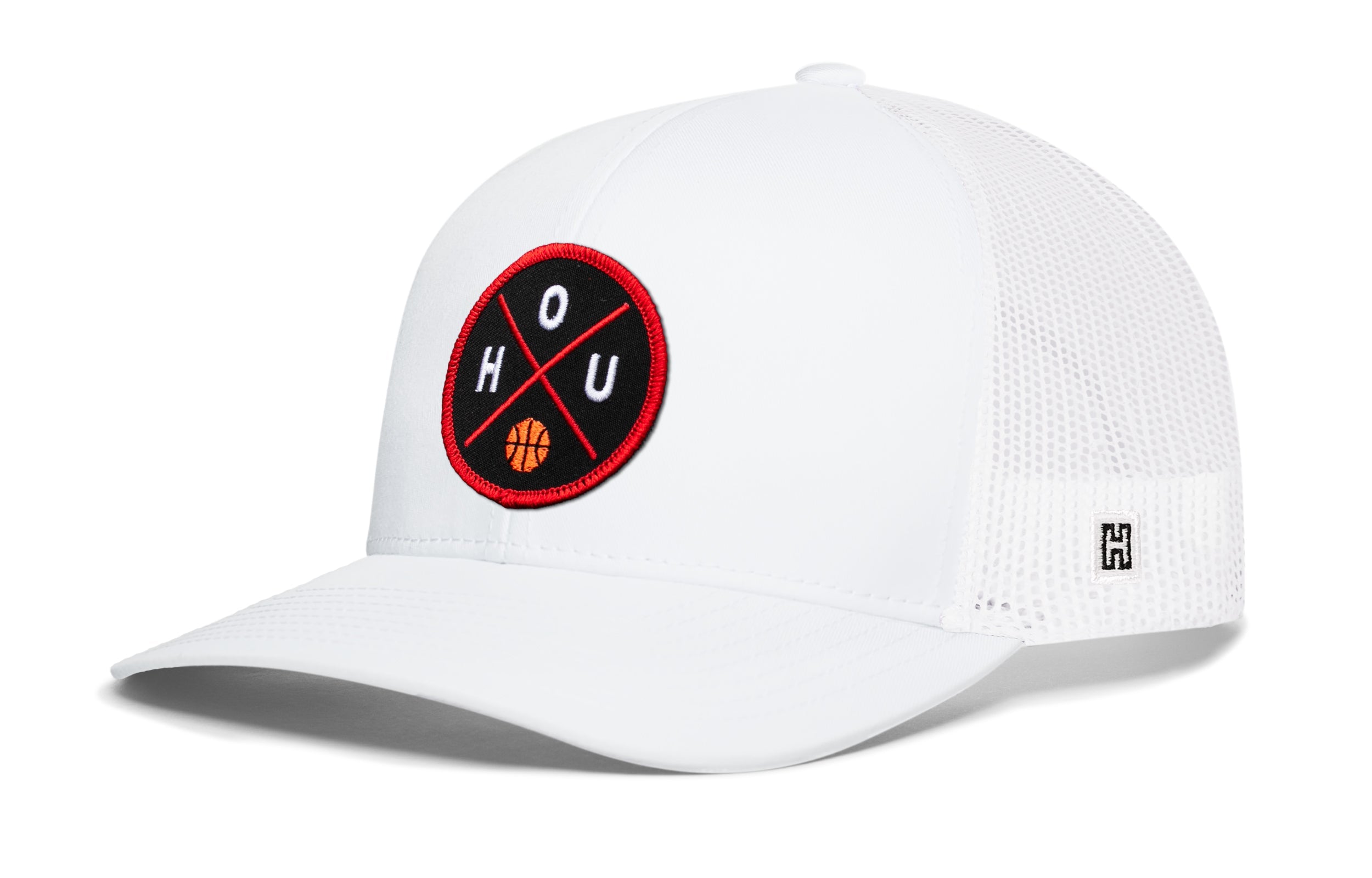 White trucker snapback hat with front logo patch and white mesh side panels