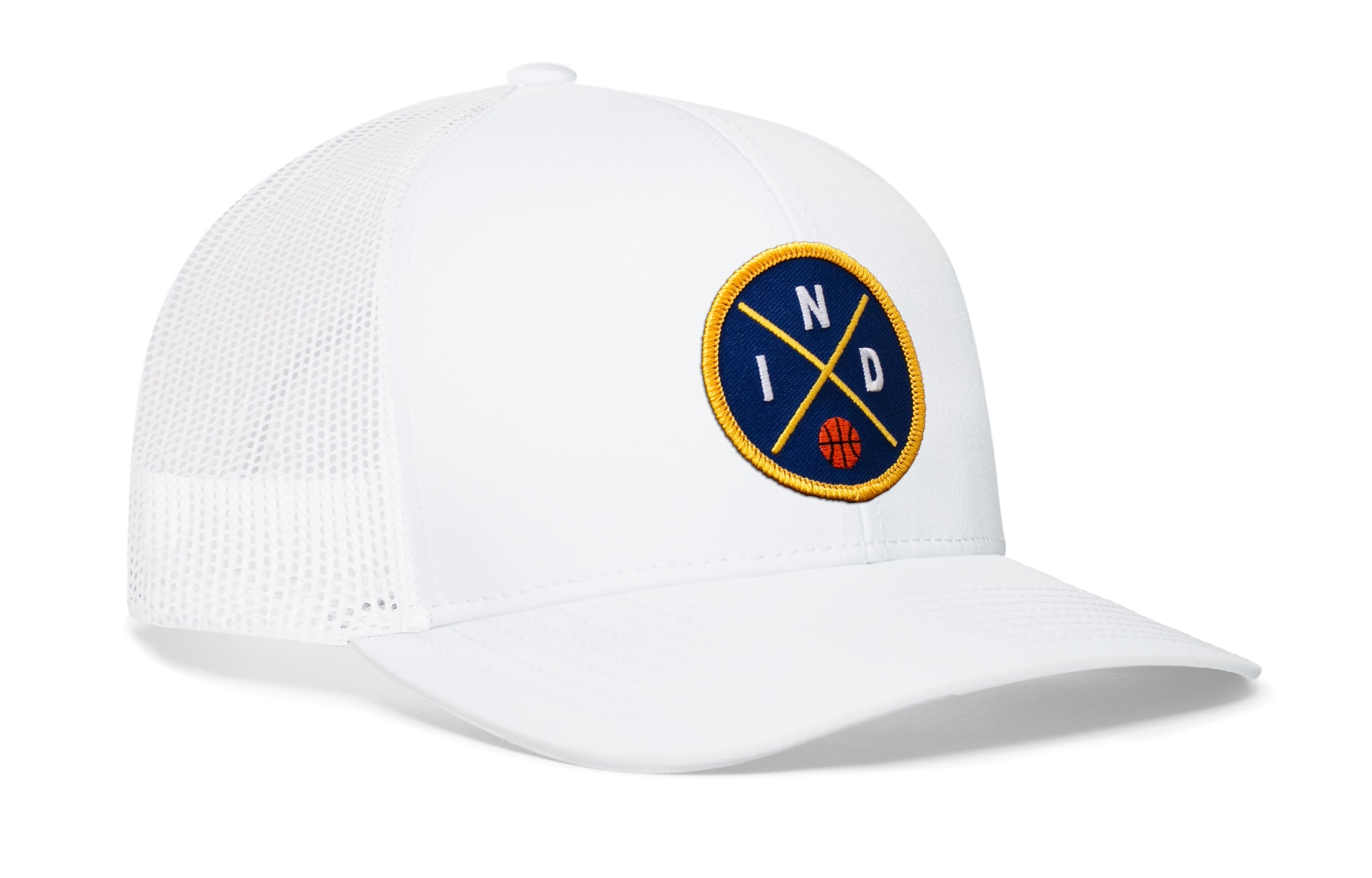 White trucker snapback hat with circular blue-and-gold logo patch on the front.