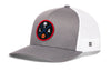 Gray trucker cap with white mesh back and round LA logo patch, snapback closure