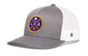 Gray and white trucker hat with circular LA graphic patch and side H logo