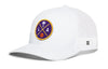 White basketball trucker hat with circular LA graphic patch and side H logo