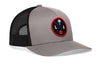 Gray trucker cap with black mesh side panels and round LA logo patch, snapback