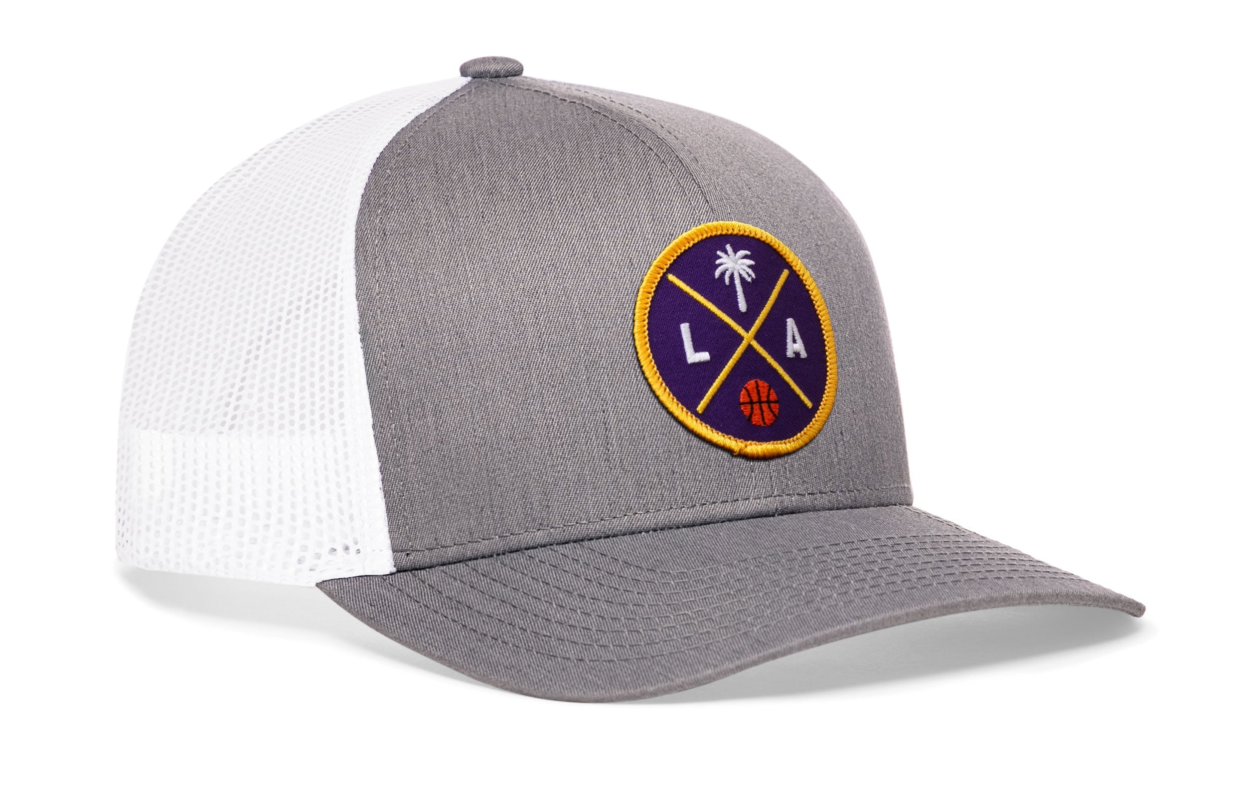 Gray-and-white trucker hat with circular LA graphic patch on front panel
