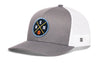 Gray basketball trucker hat with circular EMM logo patch and white mesh back