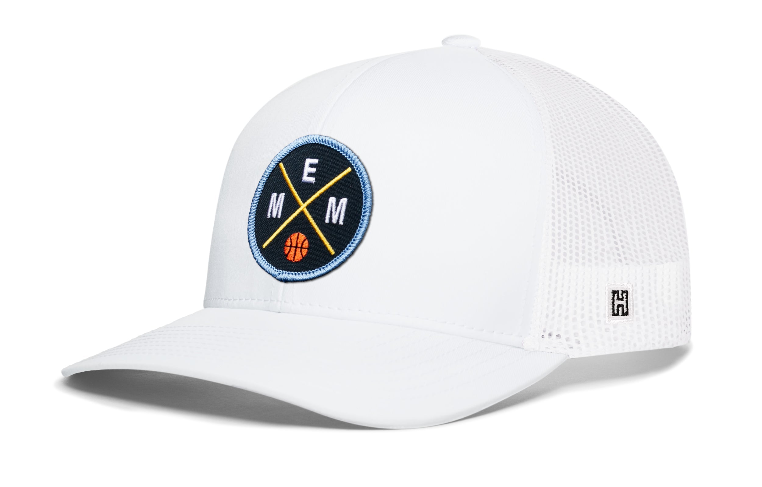 White basketball trucker hat with embroidered circular EMM logo and mesh back