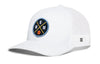 White basketball trucker hat with embroidered circular EMM logo and mesh back