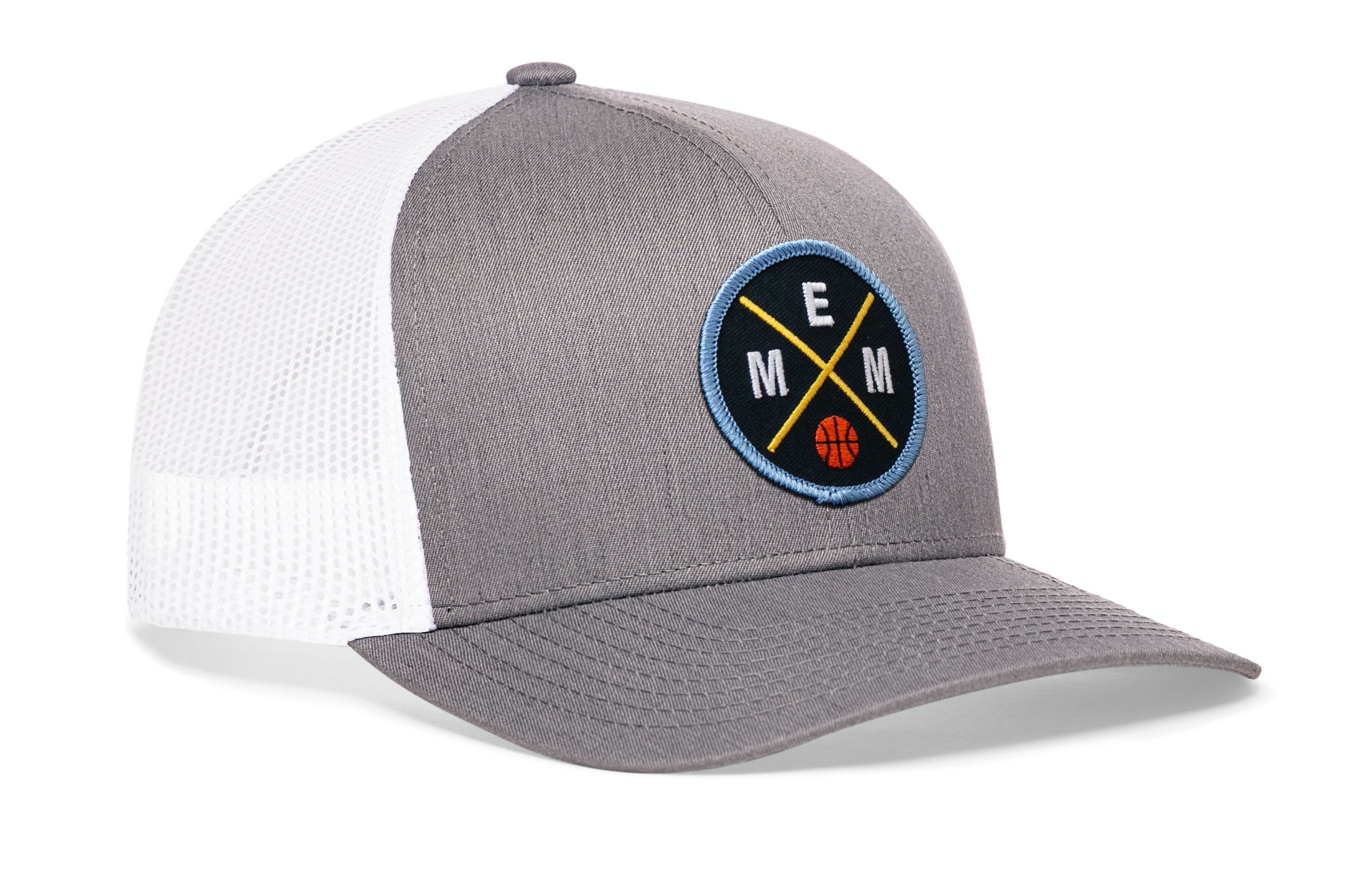 Gray basketball trucker hat with circular EMM logo patch and white mesh side panels