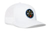 White basketball trucker hat with circular EMM logo patch and mesh side panels