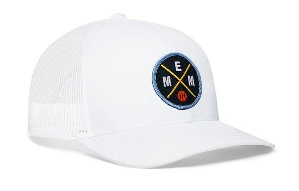 White basketball trucker hat with circular EMM logo patch and mesh side panels