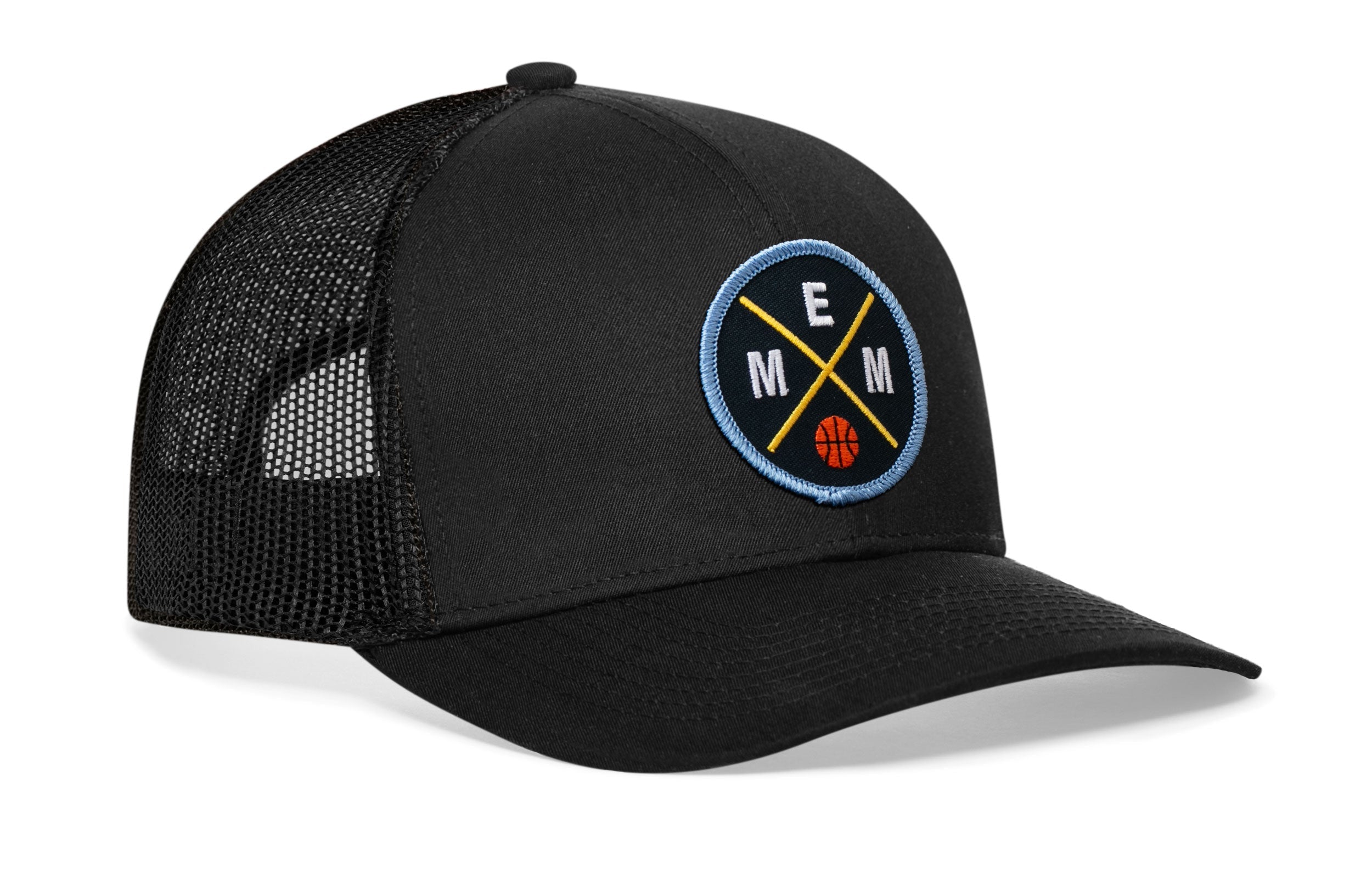 Black basketball trucker hat with circular EMM logo patch and mesh side panels