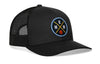 Black basketball trucker hat with circular EMM logo patch and mesh side panels