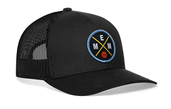 Black basketball trucker hat with circular EMM logo patch and mesh side panels