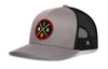Gray and black mesh trucker snapback cap with circular basketball logo patch on front