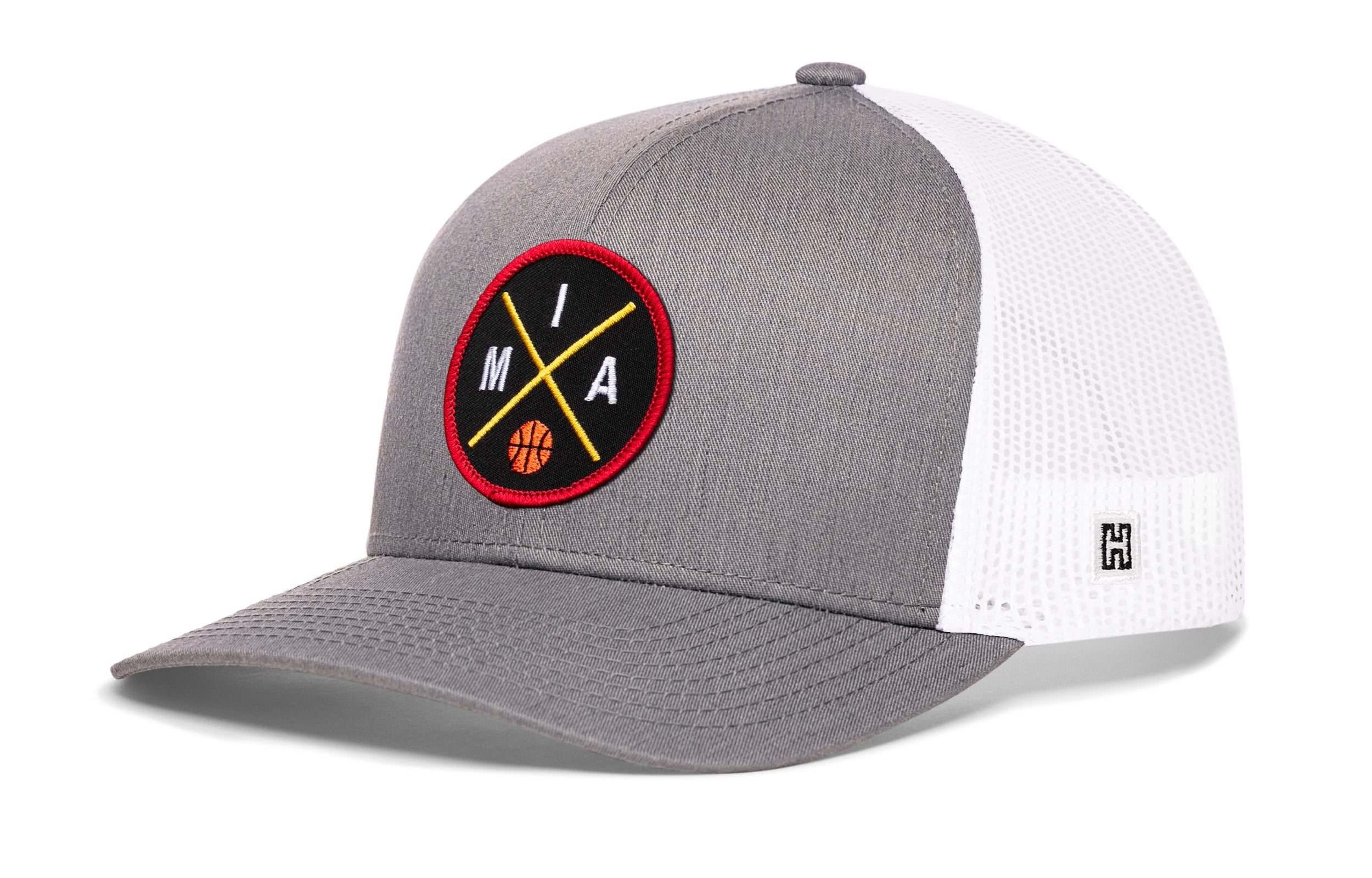 Gray and white mesh trucker snapback cap with circular basketball logo patch on front