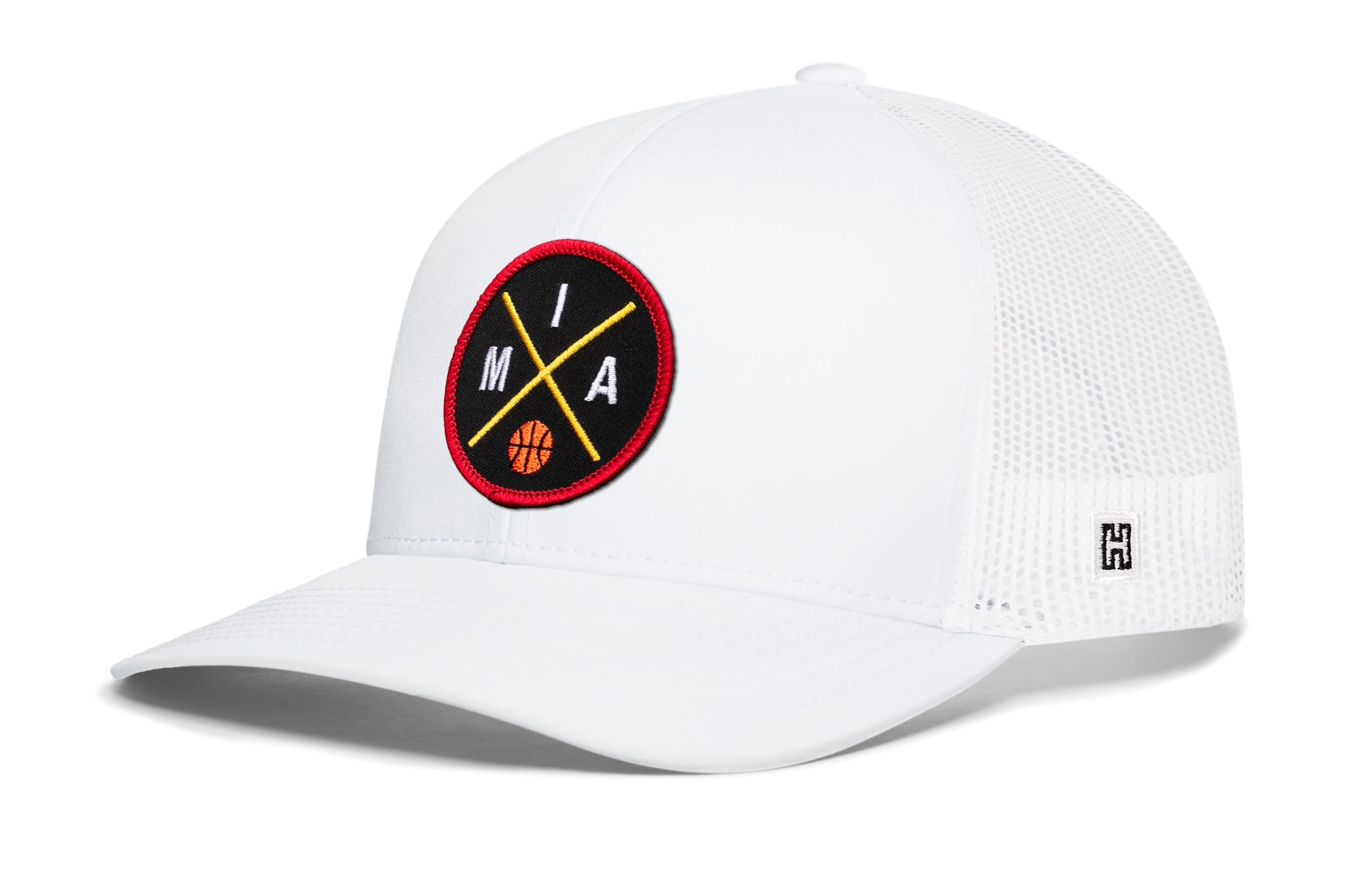 White mesh trucker snapback cap with circular basketball logo patch on front