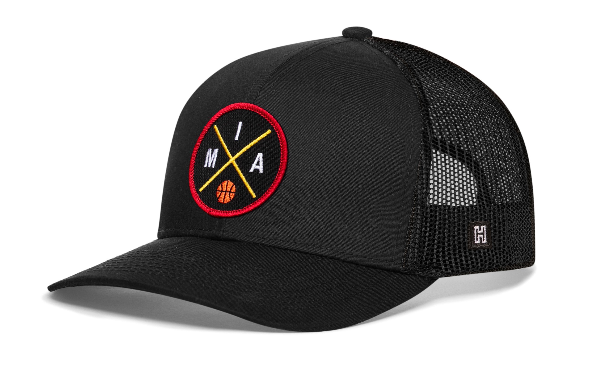 Black 5-panel basketball snapback hat with circular team logo and mesh side panels.