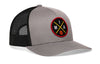Gray and black mesh trucker snapback cap with front basketball logo patch and side mesh panel
