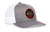 Gray and white mesh trucker snapback cap with front basketball logo patch and curved brim