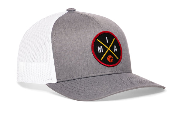 Gray and white mesh trucker snapback cap with front basketball logo patch and curved brim