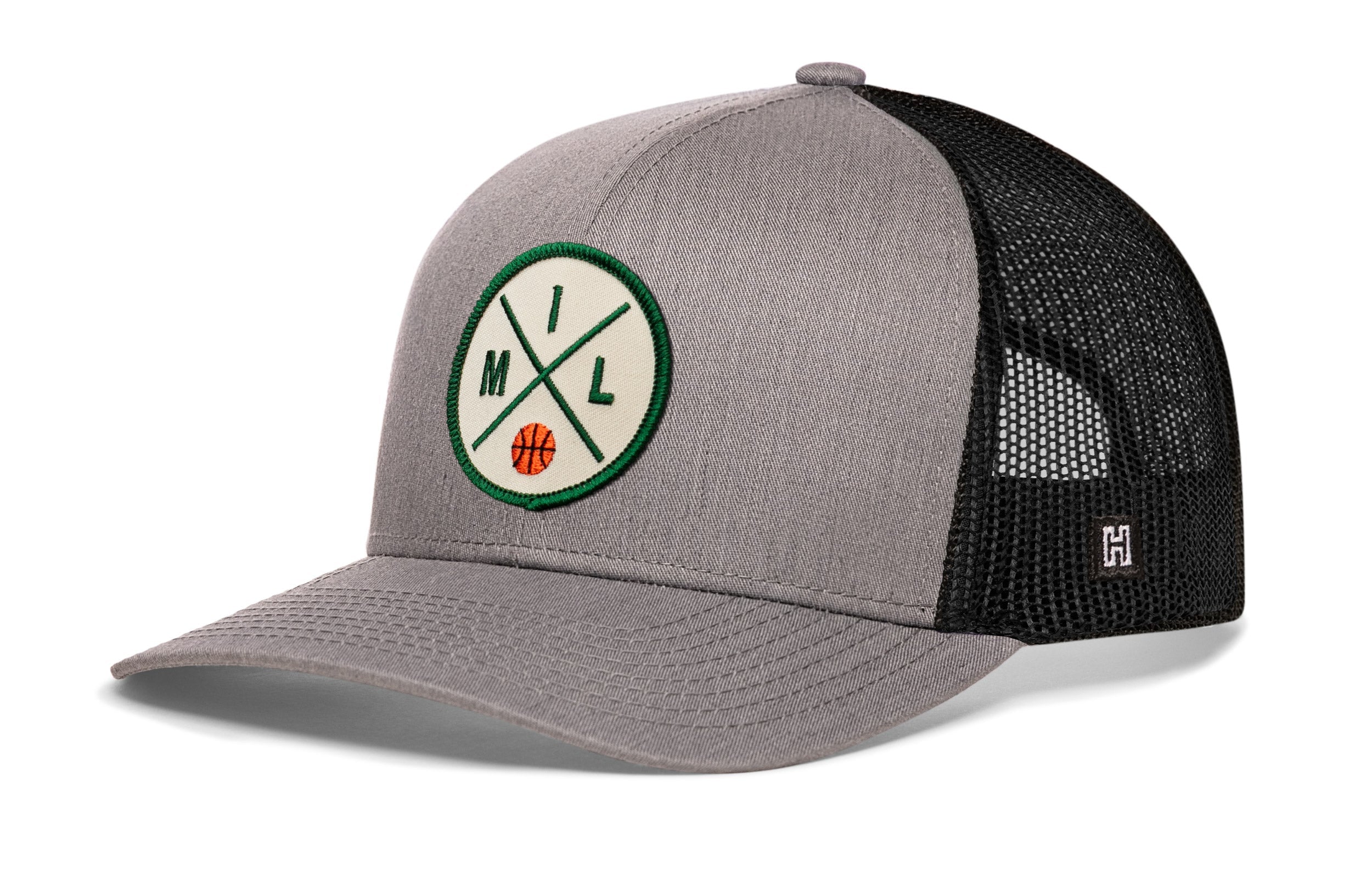 Gray-and-black trucker cap with snapback, mesh sides, green front logo patch, side H tag