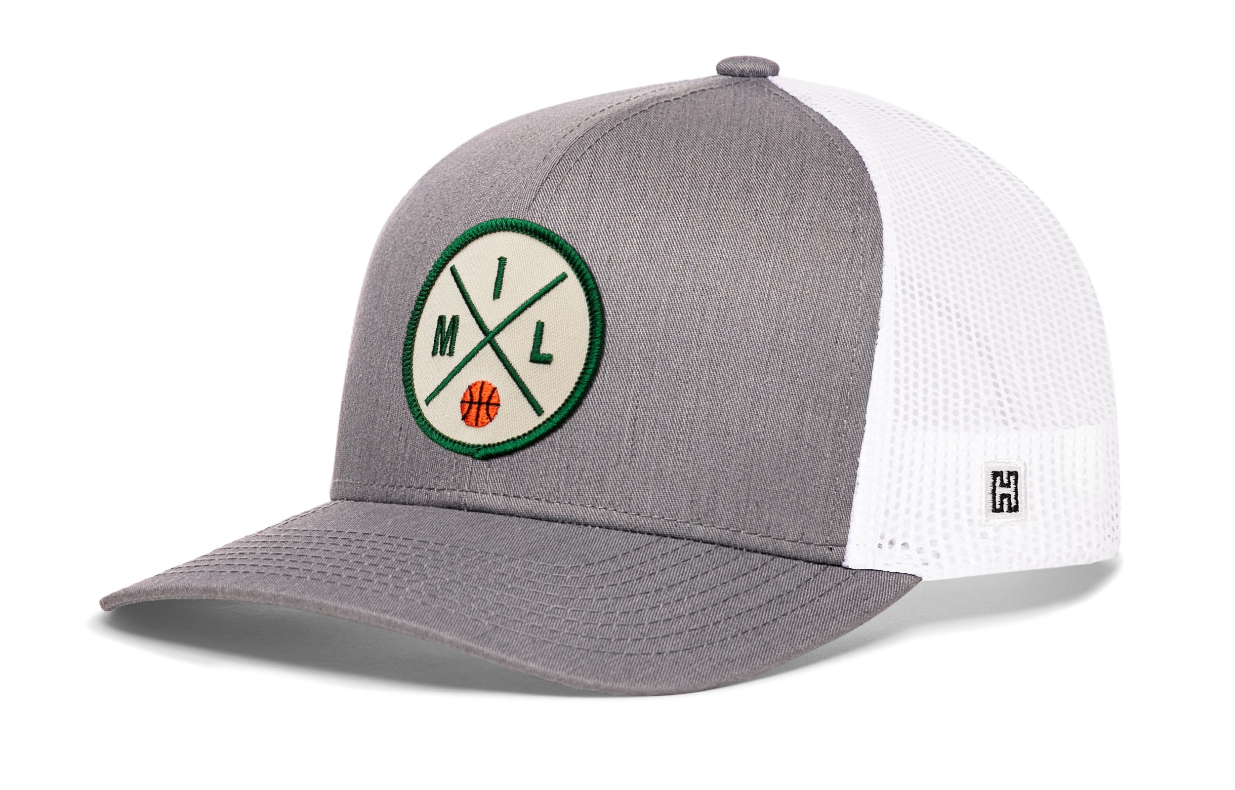 Gray-and-white trucker cap with snapback, mesh sides, green front logo patch, side H tag