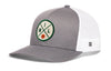 Gray-and-white trucker cap with snapback, mesh sides, green front logo patch, side H tag