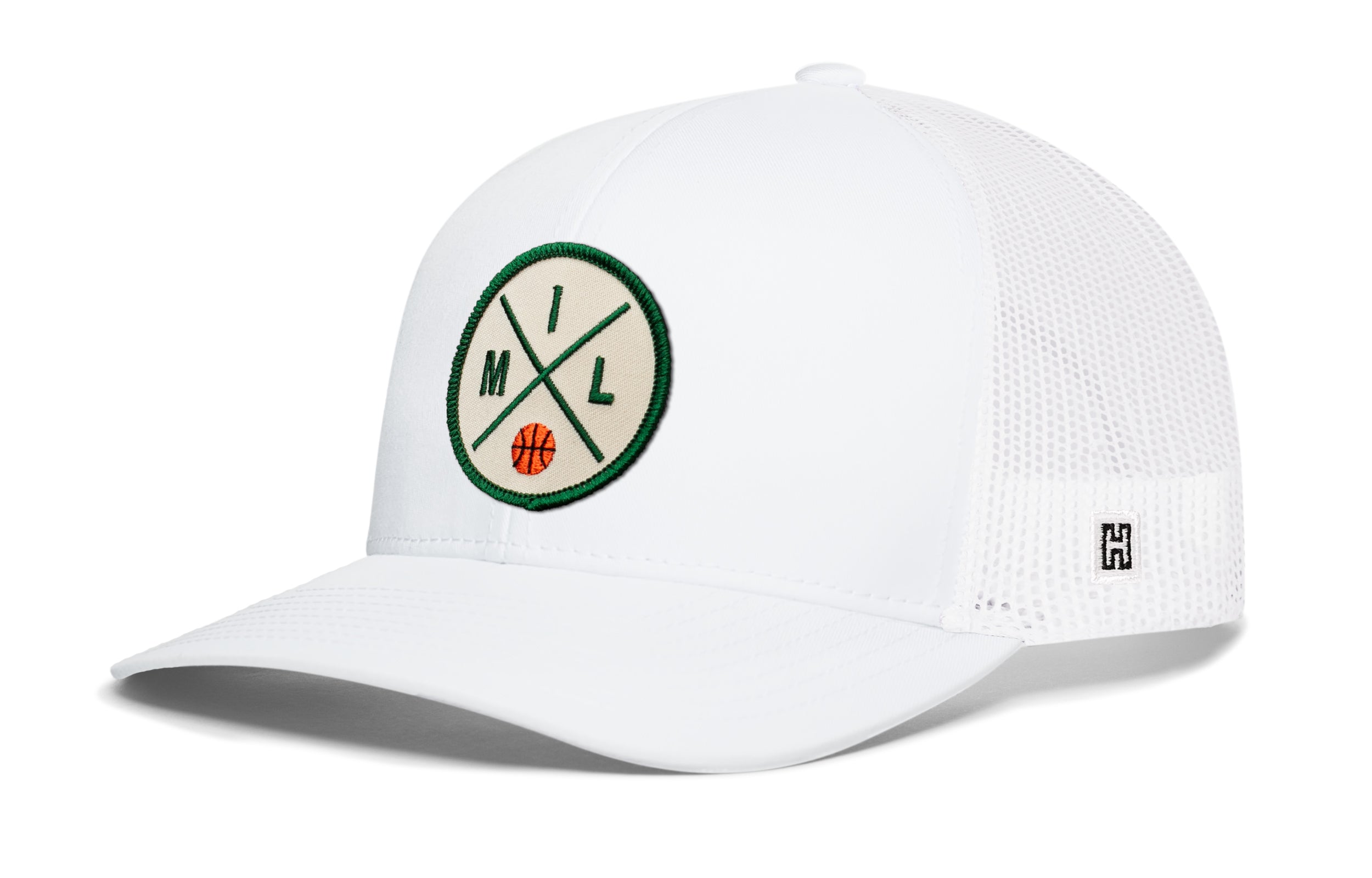 White trucker cap with snapback, mesh sides, green front logo patch, side H tag