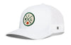 White trucker cap with snapback, mesh sides, green front logo patch, side H tag