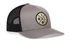 Gray-and-black trucker cap with snapback, mesh sides, green front logo patch