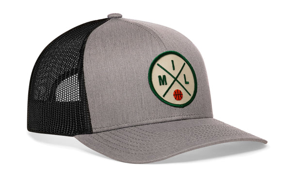 Gray-and-black trucker cap with snapback, mesh sides, green front logo patch