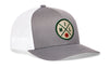 Gray-and-white trucker cap with snapback, mesh sides, green front logo patch