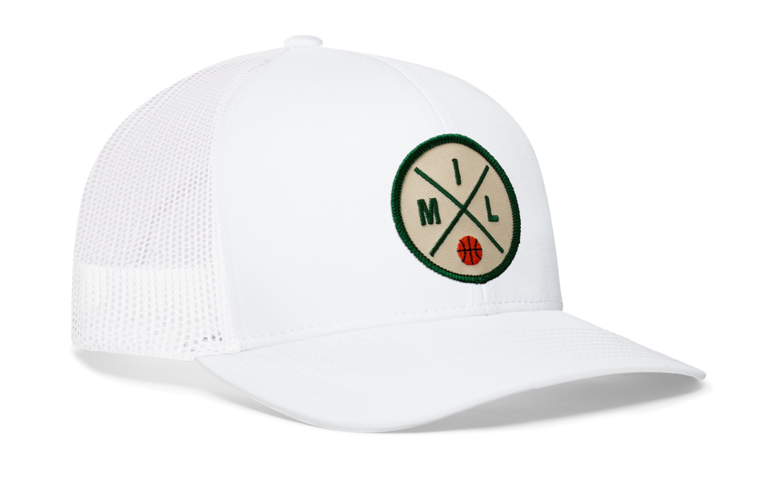 White trucker cap with snapback, mesh sides, green front logo patch
