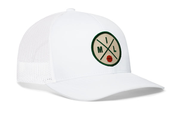 White trucker cap with snapback, mesh sides, green front logo patch