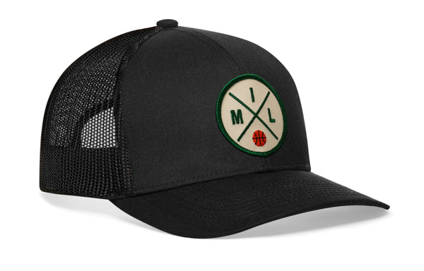 Black trucker cap with snapback, mesh sides, green front logo patch, side H tag
