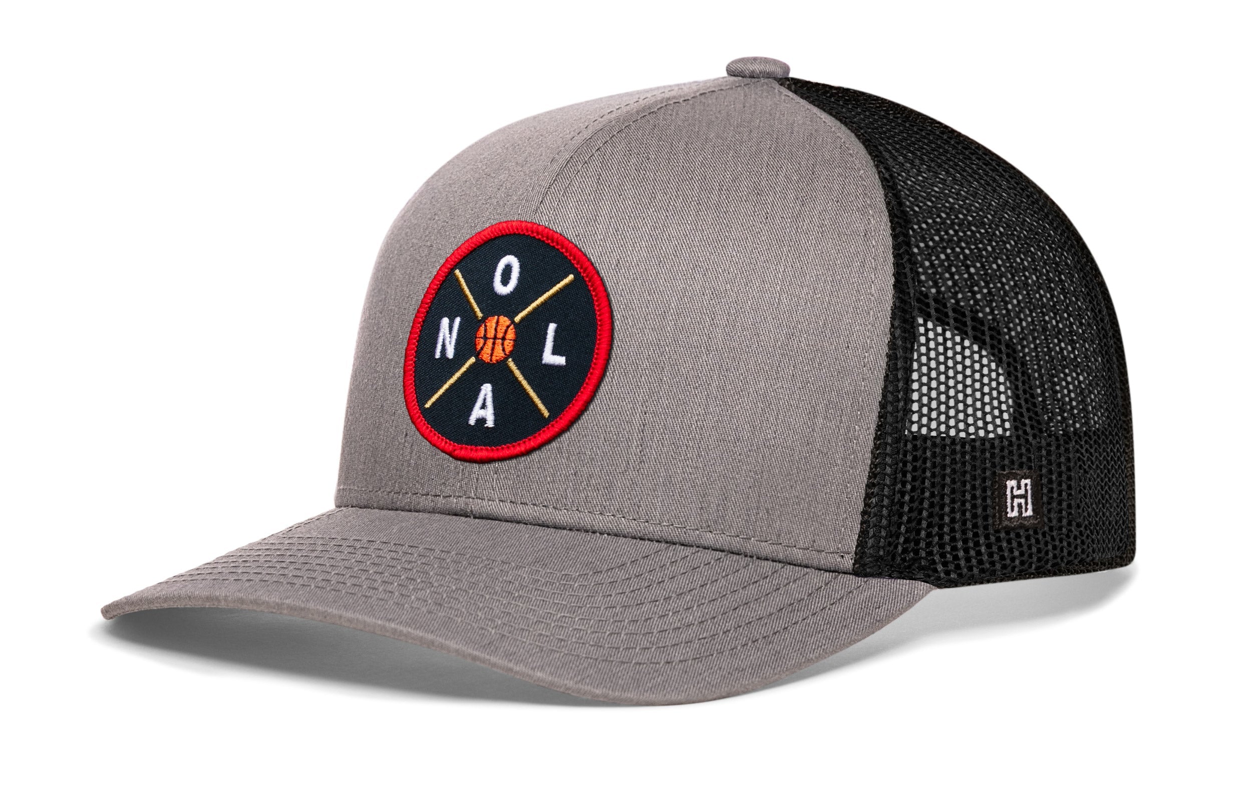Gray basketball trucker hat with black mesh back and red round logo patch